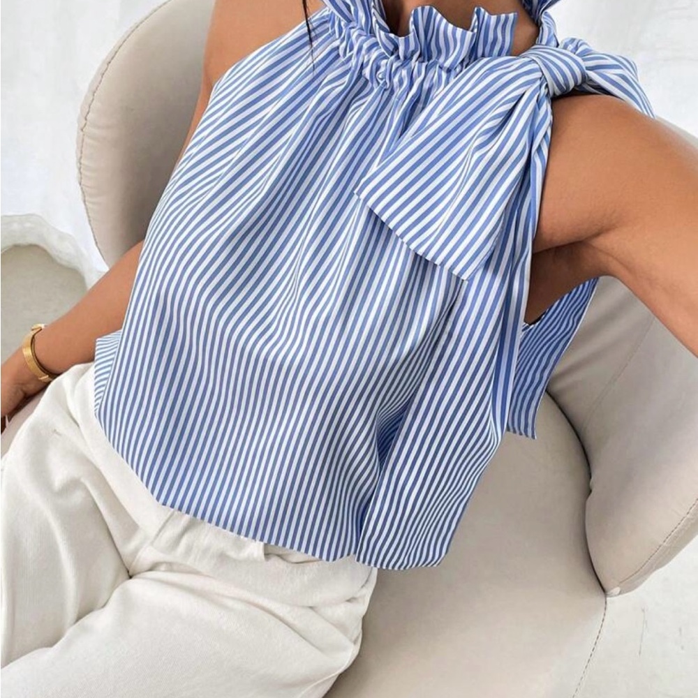NWOT: SHEIN Blue and White Ruffled Tie Front Blouse
